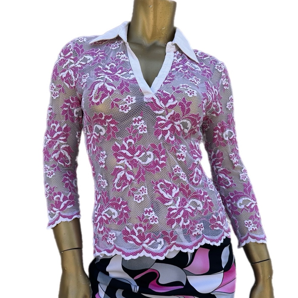 Y2K Vintage Cache Sheer Pink and White Floral Lace Collared fitted Top size M